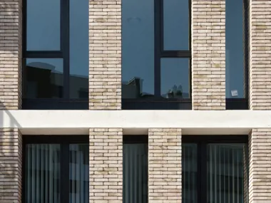 Façade jouant sur les contrastes grâce notamment à la Nature7 Brick V brun jaune