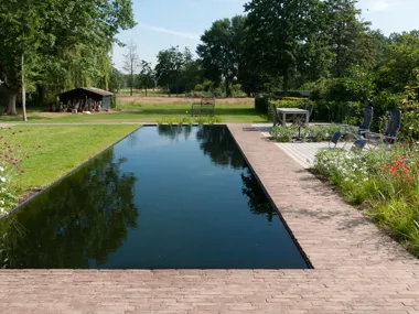 Un jardin paysager somptueux avec un étang de baignade entouré de pavés en terre cuite bruns